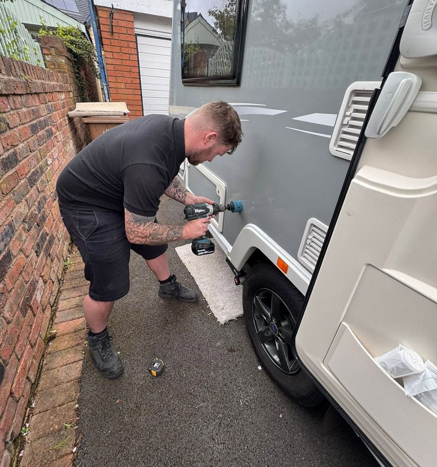 Dave Cooper – Head Engineer, DLC Caravan Servicing LTD – fitting a service hatch to a touring caravan