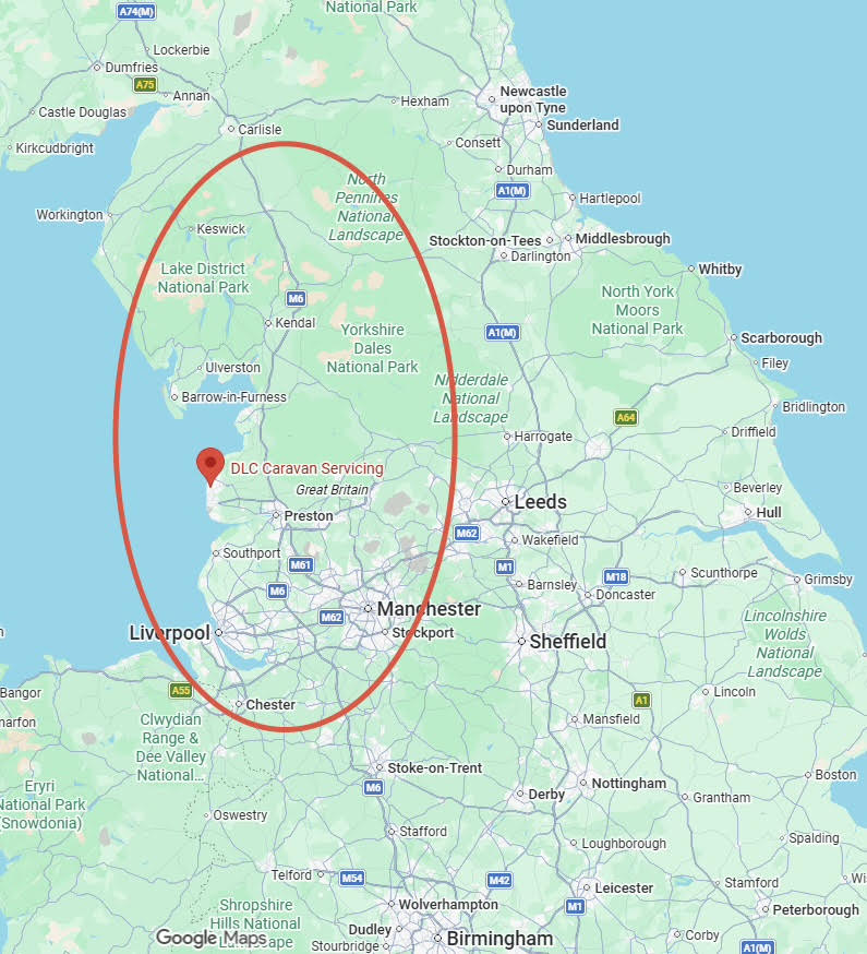 Map showing DLC Caravan Servicing coverage area — up to 1.5 hours from Blackpool