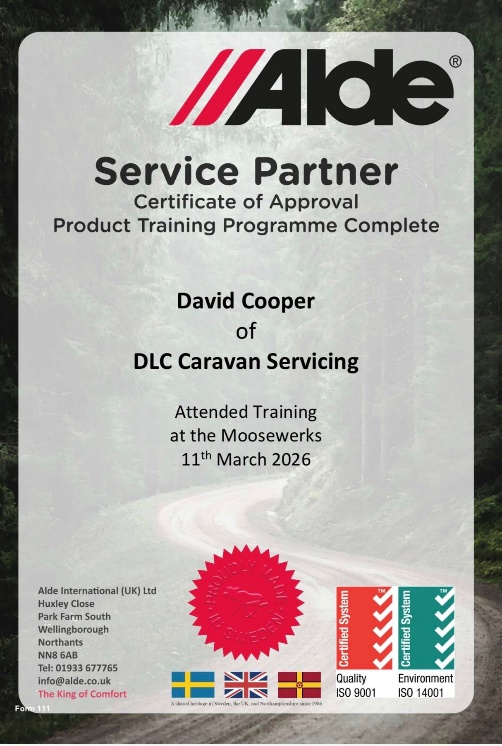 Alde Service Partner Certificate – David Cooper, DLC Caravan Servicing